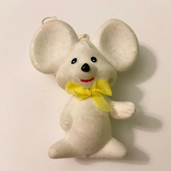 Vintage Flocked Mouse Christmas  Ornament Yellow Bow 3 Inch Tall Figure - Picture 10 of 11